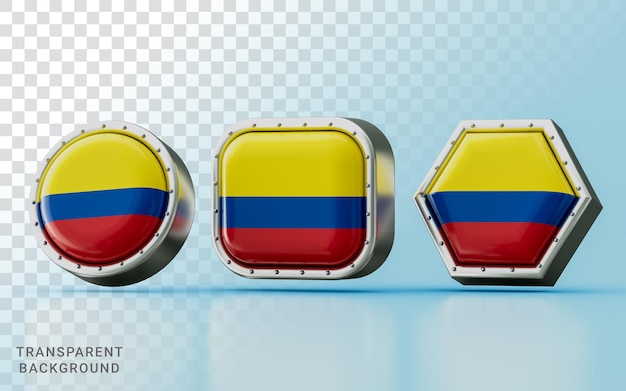 3d рендеринг знаки флага колумбии в трех разных формах, круг, квадрат и шестиугольник