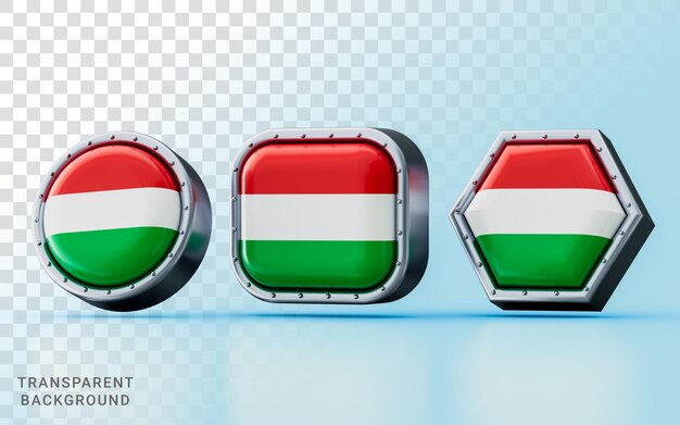 3d render Flag signs of Hungary in three different shape frame circle square and hexagon