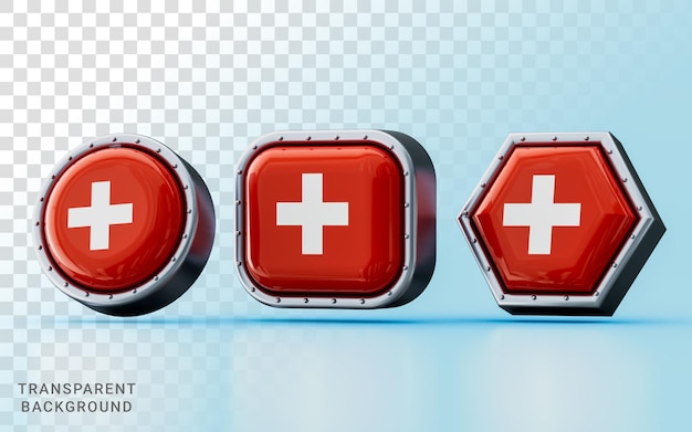 Rendering 3d segni di bandiera della svizzera in tre diverse forme, cerchio quadrato ed esagono