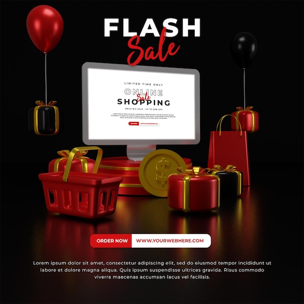 3d render flash sale template with computer mockup for digital marketing