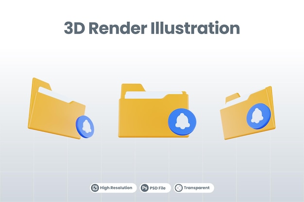 3d render folder bell icon with orange file folder and blue bell