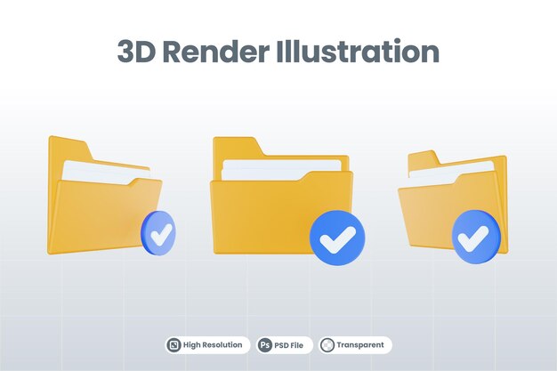 オレンジ色のファイルフォルダと青色のチェックが付いた3dレンダリングフォルダチェックアイコン