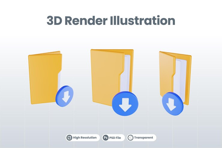 PSD 3d render folder download icon with orange file folder and blue download
