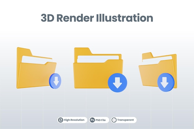 Значок загрузки папки 3d визуализации с оранжевой папкой и синей загрузкой