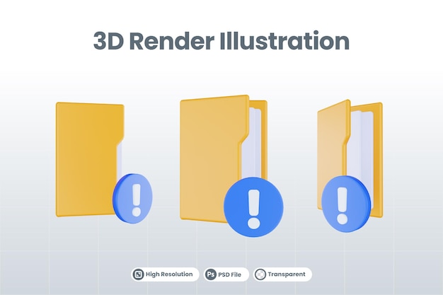 Значок восклицательного знака папки 3d визуализации с оранжевой папкой файла и синим восклицательным знаком