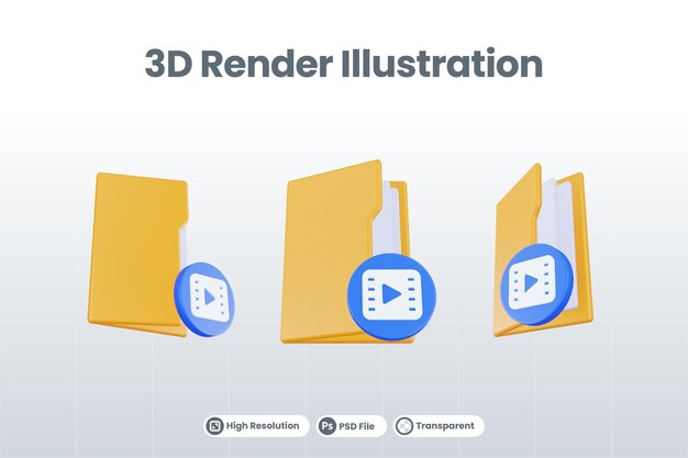 PSD 주황색 파일 폴더와 파란색 필름이 있는 3d 렌더링 폴더 필름 아이콘