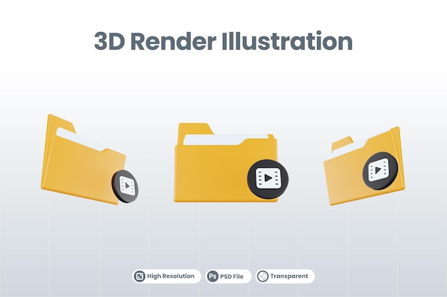 3d render folder film icon with orange file folder and black film