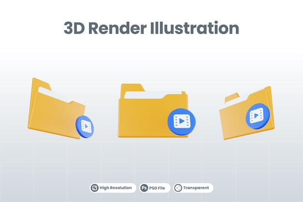 Icona del film della cartella di rendering 3d con cartella di file arancione e pellicola blu