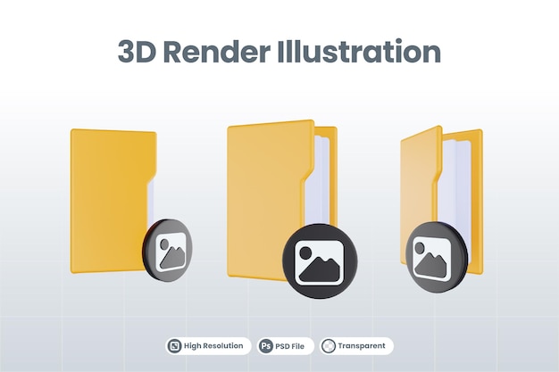 주황색 파일 폴더와 검은색 이미지가 있는 3d 렌더링 폴더 이미지 아이콘