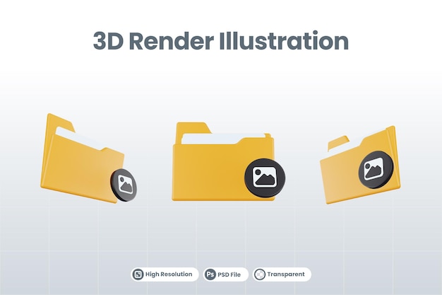 주황색 파일 폴더와 검은색 이미지가 있는 3d 렌더링 폴더 이미지 아이콘