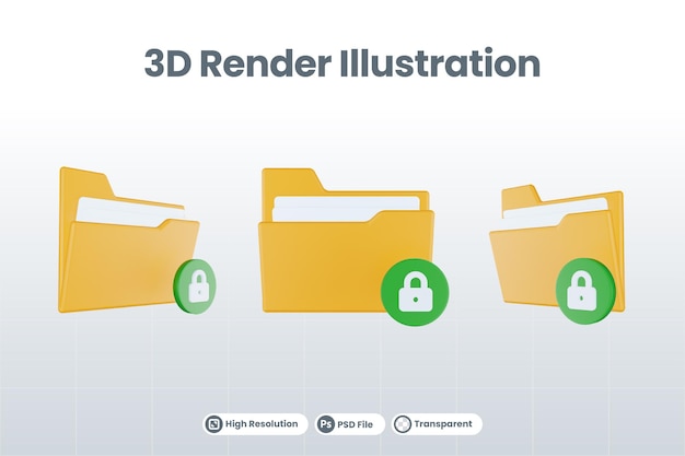 주황색 파일 폴더와 녹색이 잠긴 3d 렌더링 폴더 잠긴 아이콘