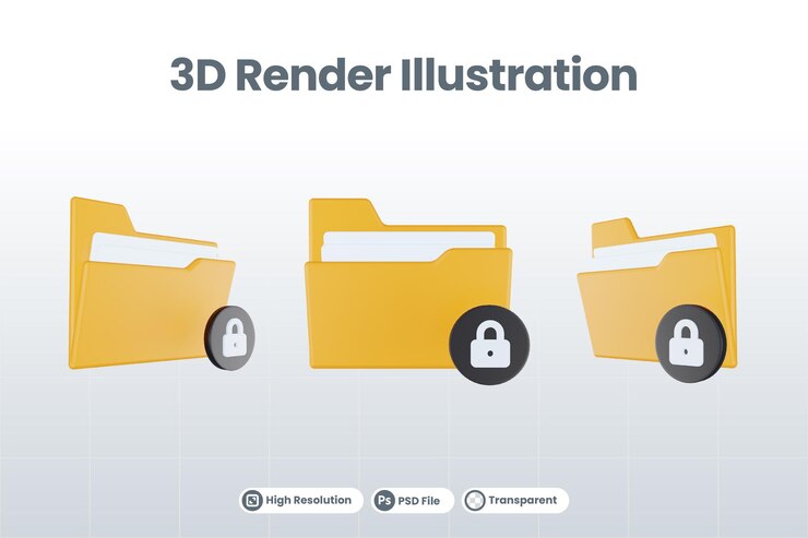 PSD 3d render folder locked icon with orange file folder and black locked