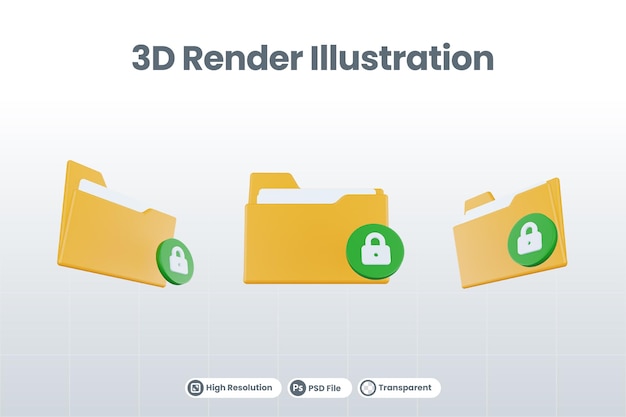 PSD 3d render folder locked icon with orange file folder and green locked