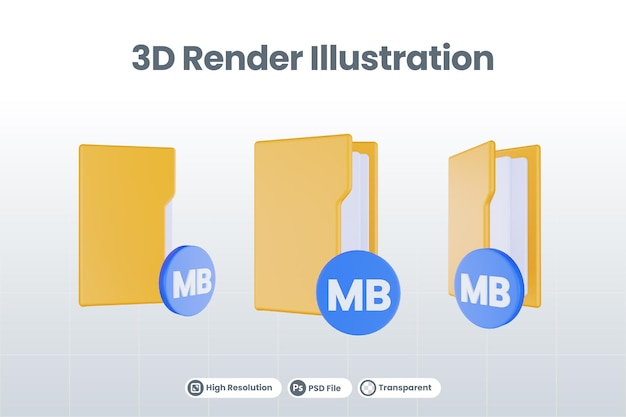 주황색 파일 폴더와 파란색 메가바이트가 있는 3d 렌더링 폴더 메가바이트 아이콘