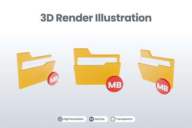 PSD icona megabyte della cartella di rendering 3d con cartella file arancione e megabyte rosso