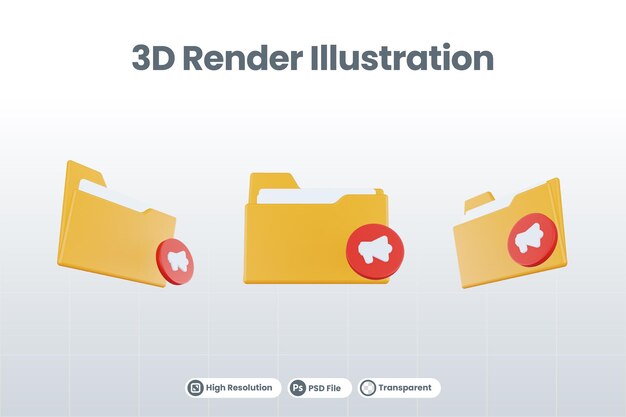 주황색 파일 폴더와 빨간색 확성기가 있는 3d 렌더링 폴더 확성기 아이콘