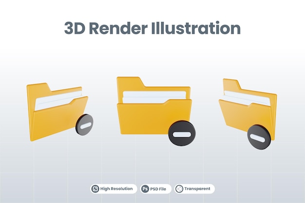 3d render folder minus icon with orange file folder and black minus