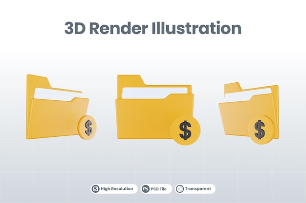 オレンジ色のファイルフォルダと黄色のお金で3dレンダリングフォルダのお金のアイコン