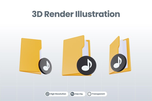 PSD 주황색 파일 폴더와 검은색 음악이 있는 3d 렌더링 폴더 음악 아이콘