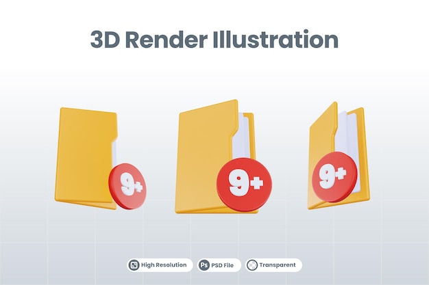 3d render folder nine plus icon with orange file folder and red nine plus