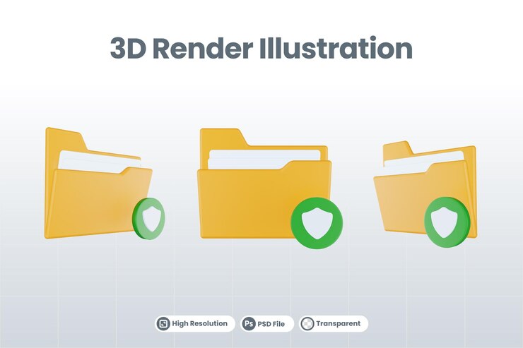 PSD 3d render folder protection icon with orange file folder and green protection