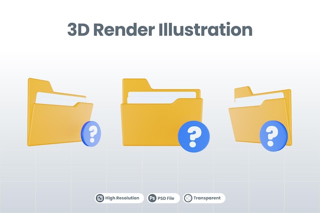 オレンジ色のファイルフォルダと青い疑問符の3dレンダリングフォルダ疑問符アイコン