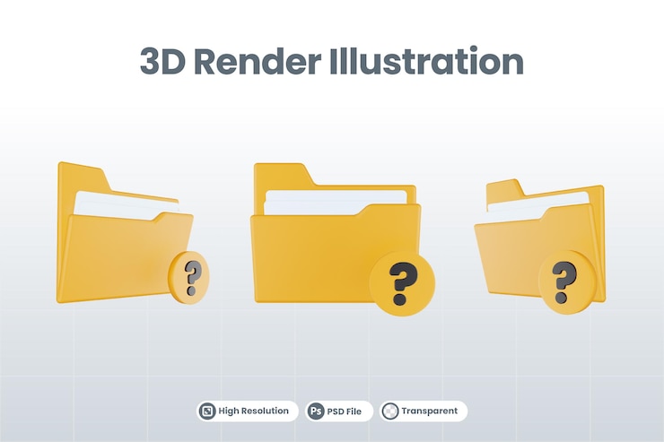 PSD 3d render folder question mark icon with orange file folder and yellow question mark