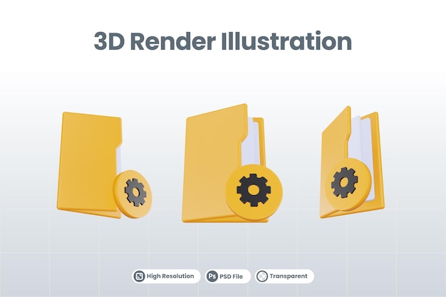 オレンジ色のファイルフォルダと黄色の設定で3dレンダリングフォルダ設定アイコン