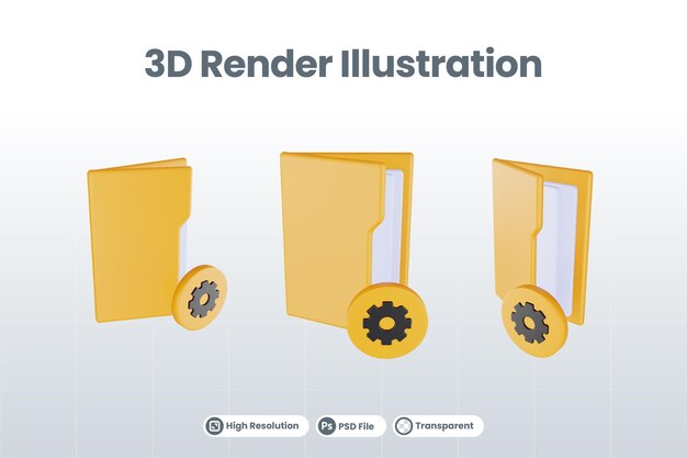 주황색 파일 폴더와 노란색 설정이 있는 3d 렌더링 폴더 설정 아이콘