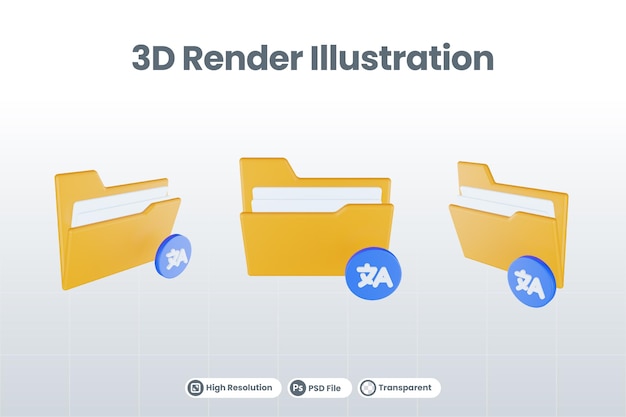 Icona di traduzione della cartella di rendering 3d con cartella di file arancione e traduzione blu