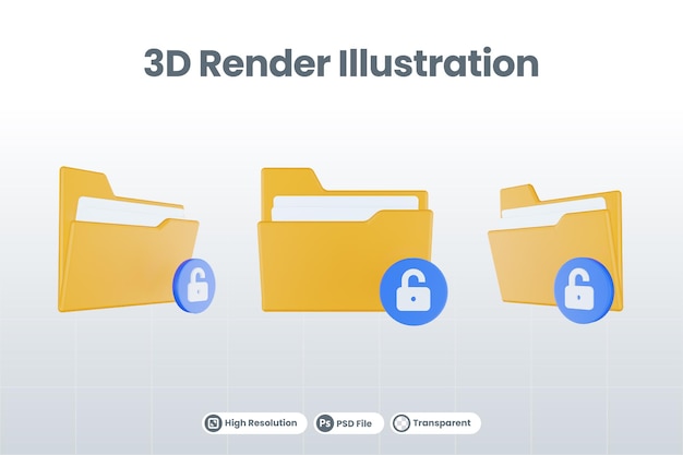 주황색 파일 폴더 및 파란색 잠금 해제가 있는 3d 렌더링 폴더 잠금 해제 아이콘