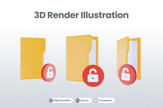 Значок разблокированной папки 3d визуализации с оранжевой папкой и красным разблокированным