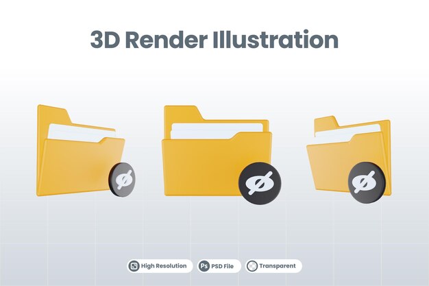 주황색 파일 폴더와 검정색이 보이지 않는 3d 렌더링 폴더 보이지 않는 아이콘