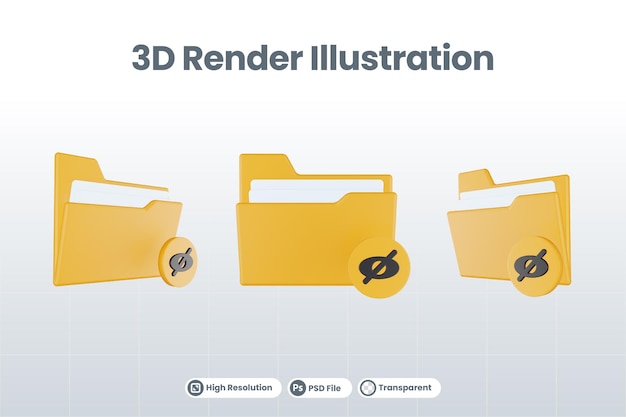 주황색 파일 폴더와 노란색이 보이지 않는 3d 렌더링 폴더 보이지 않는 아이콘