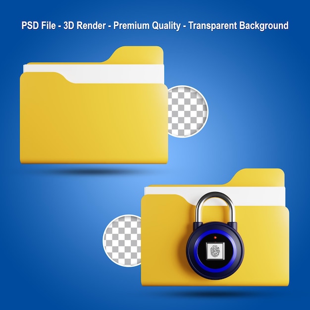 PSD 3d render folder with fingerprint padlock