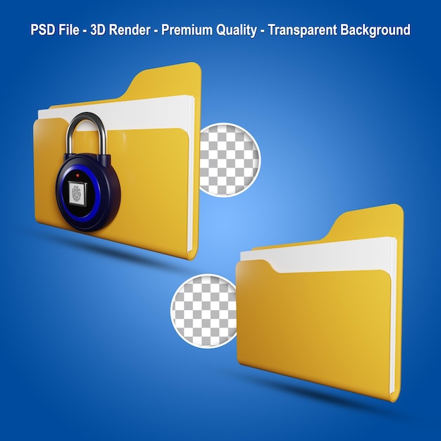 PSD 3d render folder with fingerprint padlock