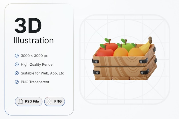 PSD 3d render fruit basket shopping grocery concept modern icon illustrations design