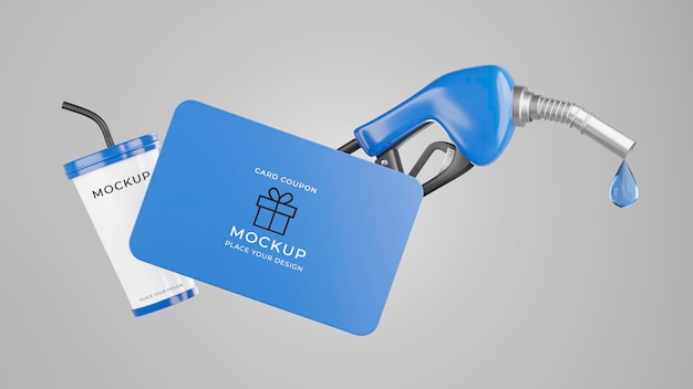 Rendering 3d dell'ugello del carburante con mockup di carta regalo