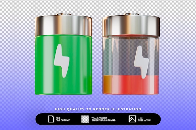 3d render full and low battery icon isolated illustration set