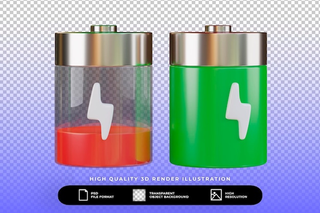 PSD 3d render full and low battery icon isolated illustration set