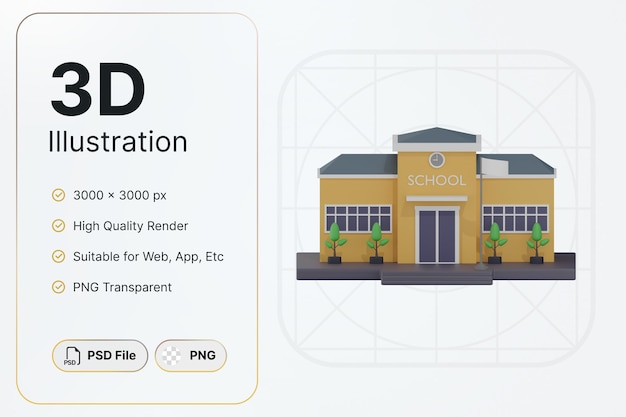 PSD 3d render geel schoolgebouw centrum bekijk concept modern design