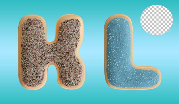 PSD 3d render geglazuurde donut letter k en l alfabet vorm