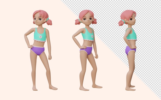 PSD 3 d レンダリングの女の子の姿勢セット