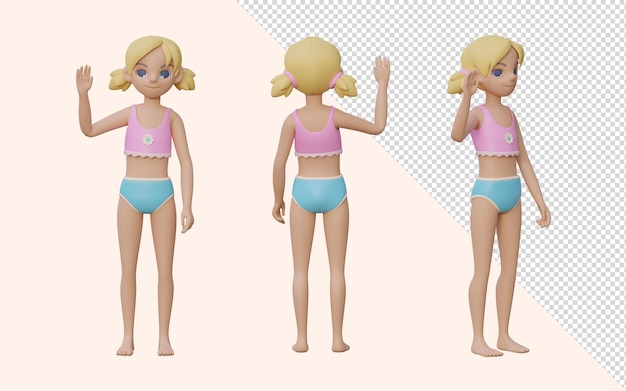 PSD 3d render girl postures waving hand set