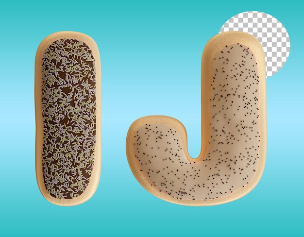 PSD 3d render glazed donuts letter i and j alphabet shape with chocolate sprinkles