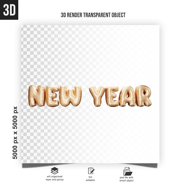 PSD 3d render of gold balloons font happy new year floating decoration with paper shoot colorful