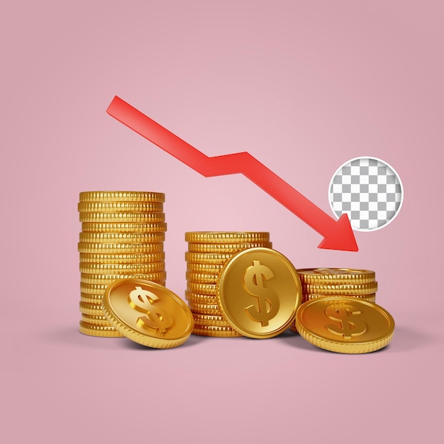 PSD 3d render gold coin downward graph