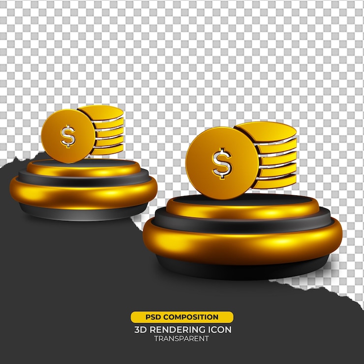 PSD 3d render gold coin with dollar symbol icon