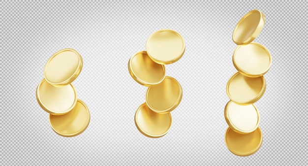 PSD 3d render of gold coins dropped on transparent background