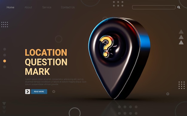 3d render gold metallic location question mark icon on dark background concept for confusion on map